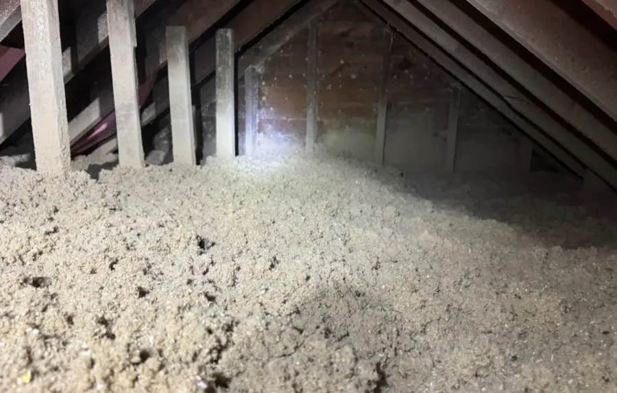 Cellulose insulation between metal studs with backlight showing full attic coverage - NY Energy Project