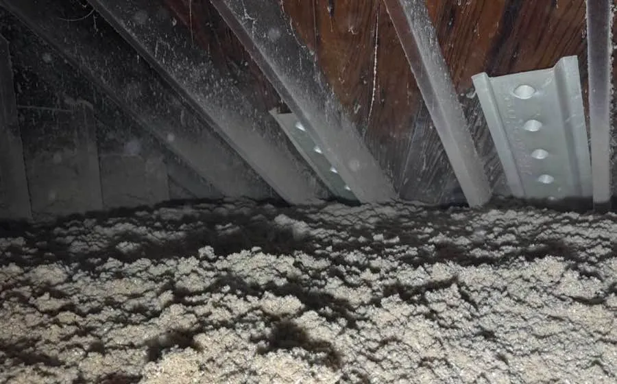 Cellulose insulation covering attic floor between metal framing and rafters - NY Energy Project