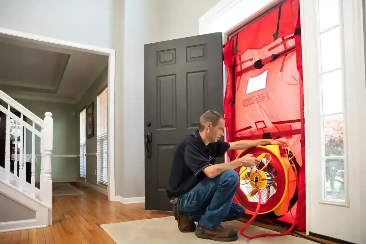 Blower door test for measuring home air leakage