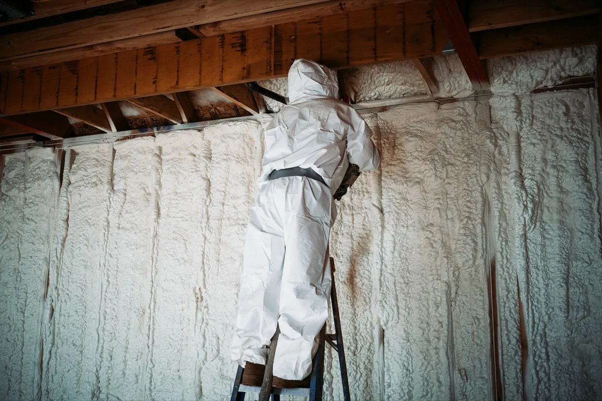 BPI-certified installer applying spray foam insulation to basement walls